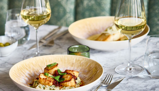 Scallops and halibut with green seating