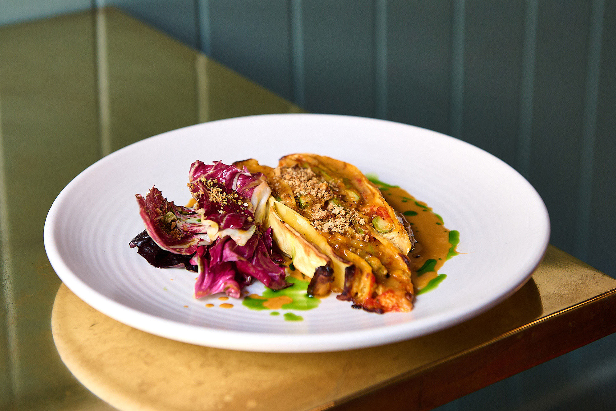 Crab lasagne, crab bisque, pangrattato crumb, giardinera salad