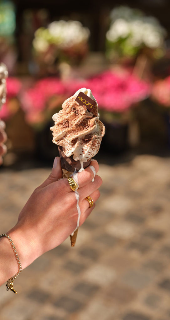 hand holding chocolate ice cream that is melting