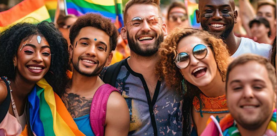 A group of happy friends celebrating Brighton Pride.