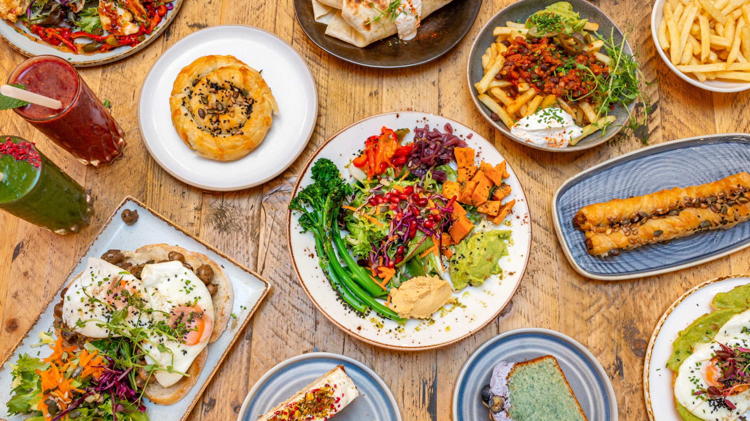 over head shot of the table laid out with brunch dishes 