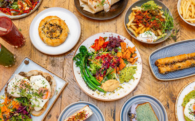 over head shot of the table laid out with brunch dishes