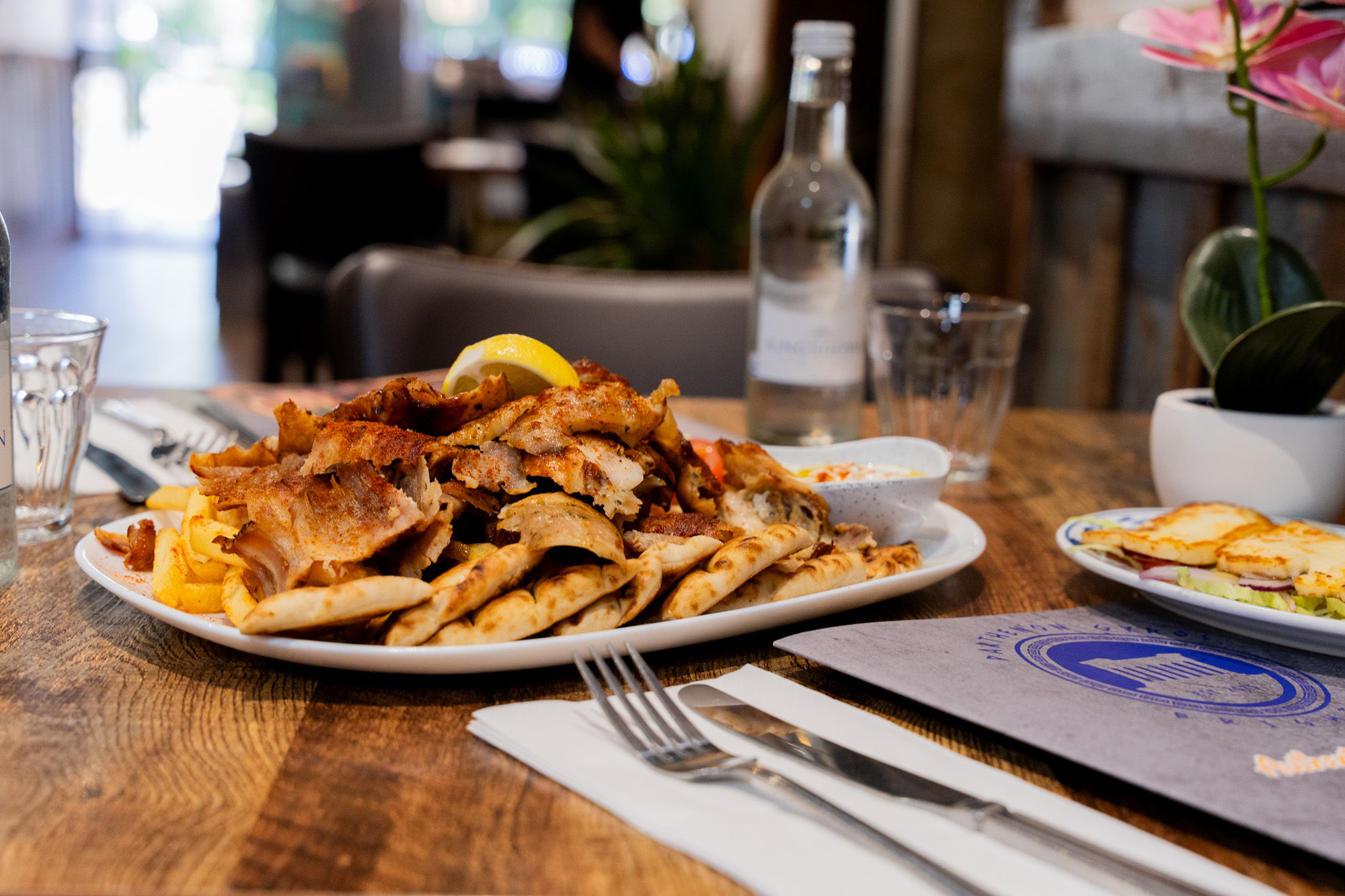 a plate with kebab served at Parthenon Gyros