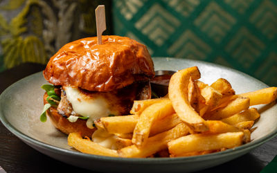close up shot of the burger and chips