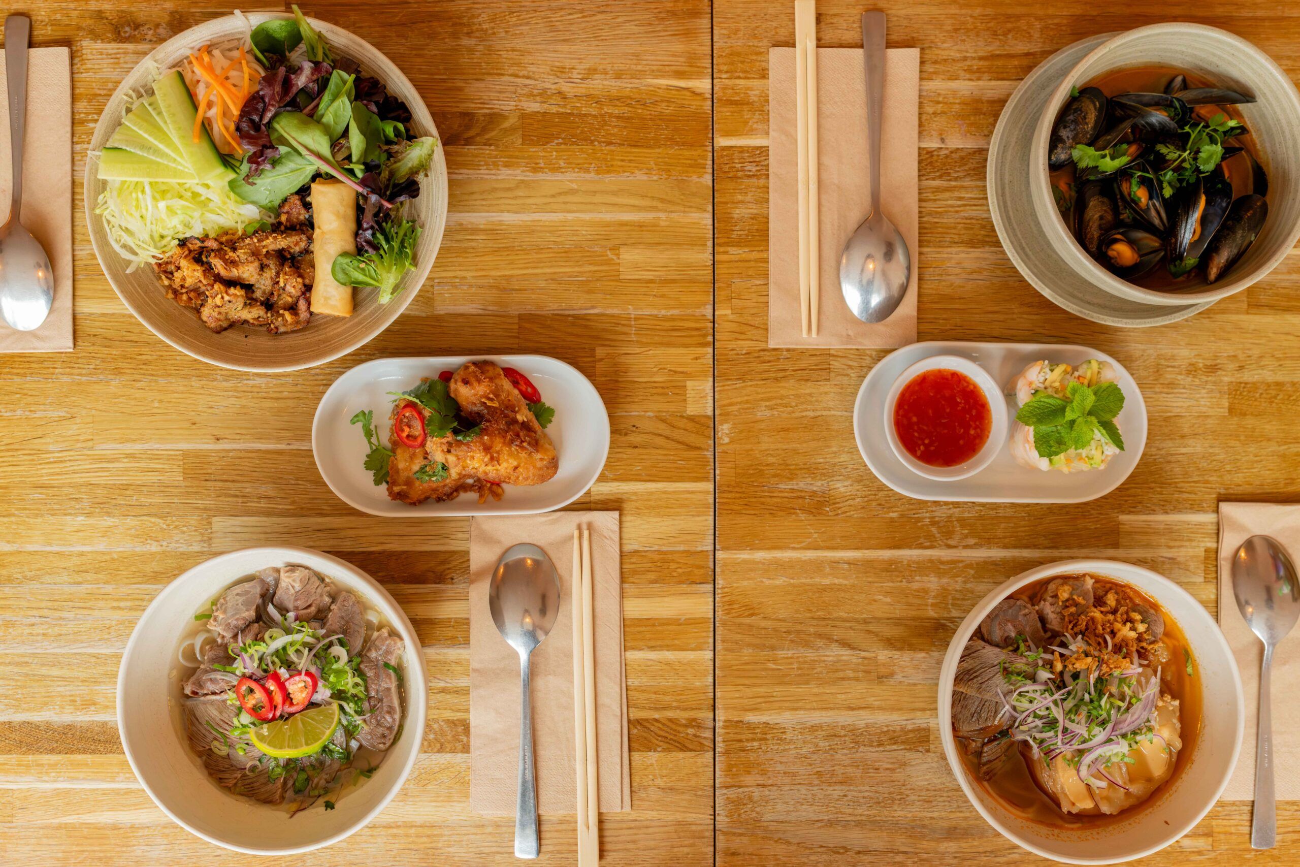 over head shot of the table laid out with few dishes at The Big Bowl Brighton