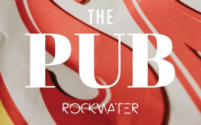 a red and white swirly background with white graphics reading The Pub Rockwater. It looks modern and stylish.