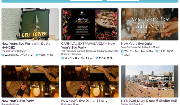 New Year's Eve options in brighton and Hove. New Year themed James Bond evenings at Bohemia, New Year's Eve DJ at the Belltower, Silent Disco at Shelter Hall.