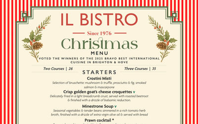 a red and white striped menu for christmas that says the restaurant name, IL Bistro. It's very festive and lists some of the items.