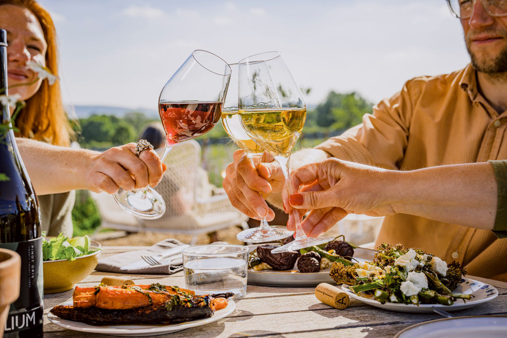 Diners raising their glasses alfresco at Artelium wine estate