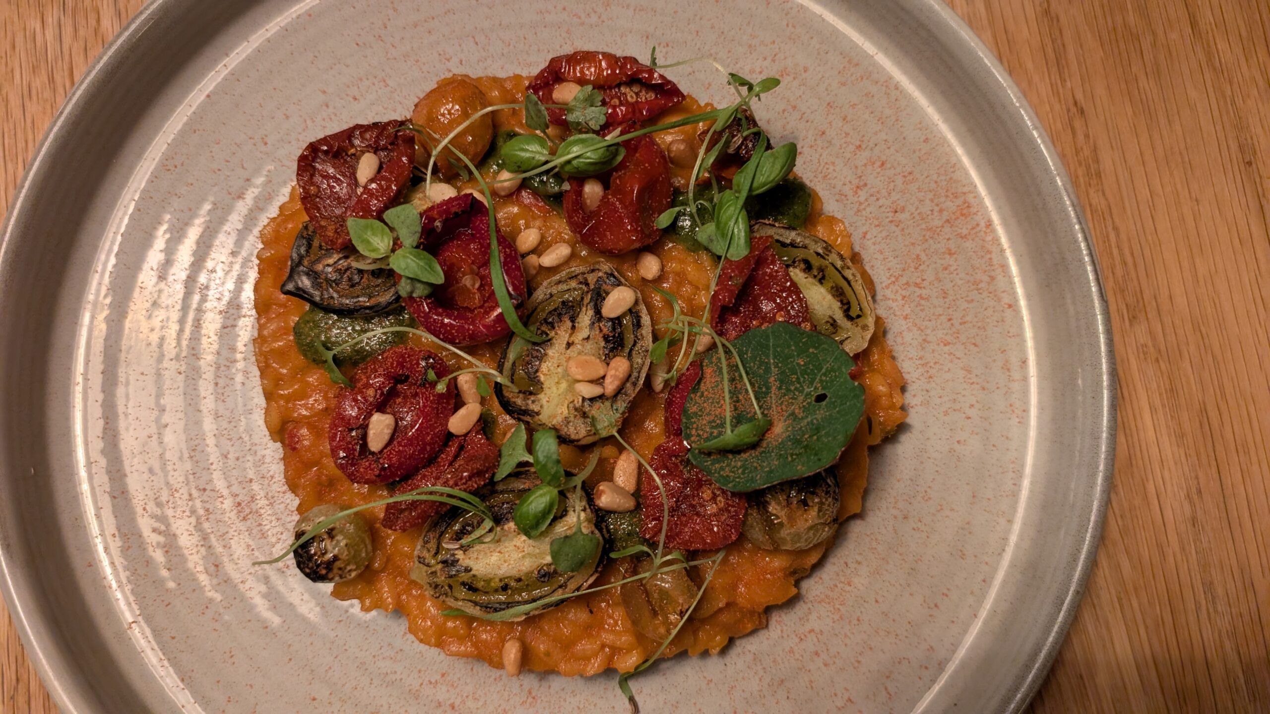 The autumn-harvest tomato risotto was made from tomatoes grown in the garden and contributions from local allotments. Served with confit peppers, Jevington honey and basil pesto, it was fragrant and fresh.