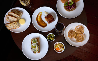 Small plates from Barbino. A selection of dishes photographed from above at The Windmill pub in Brighton