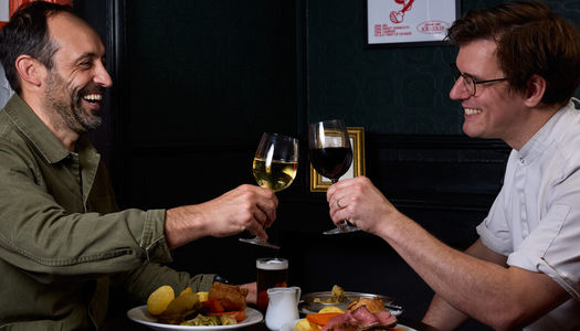 Barbino at The Windmill Pub in Brighton. David Toscano and Head chef Jamie enjoying a Sunday roast and drink at The Windmill Pub in Brighton