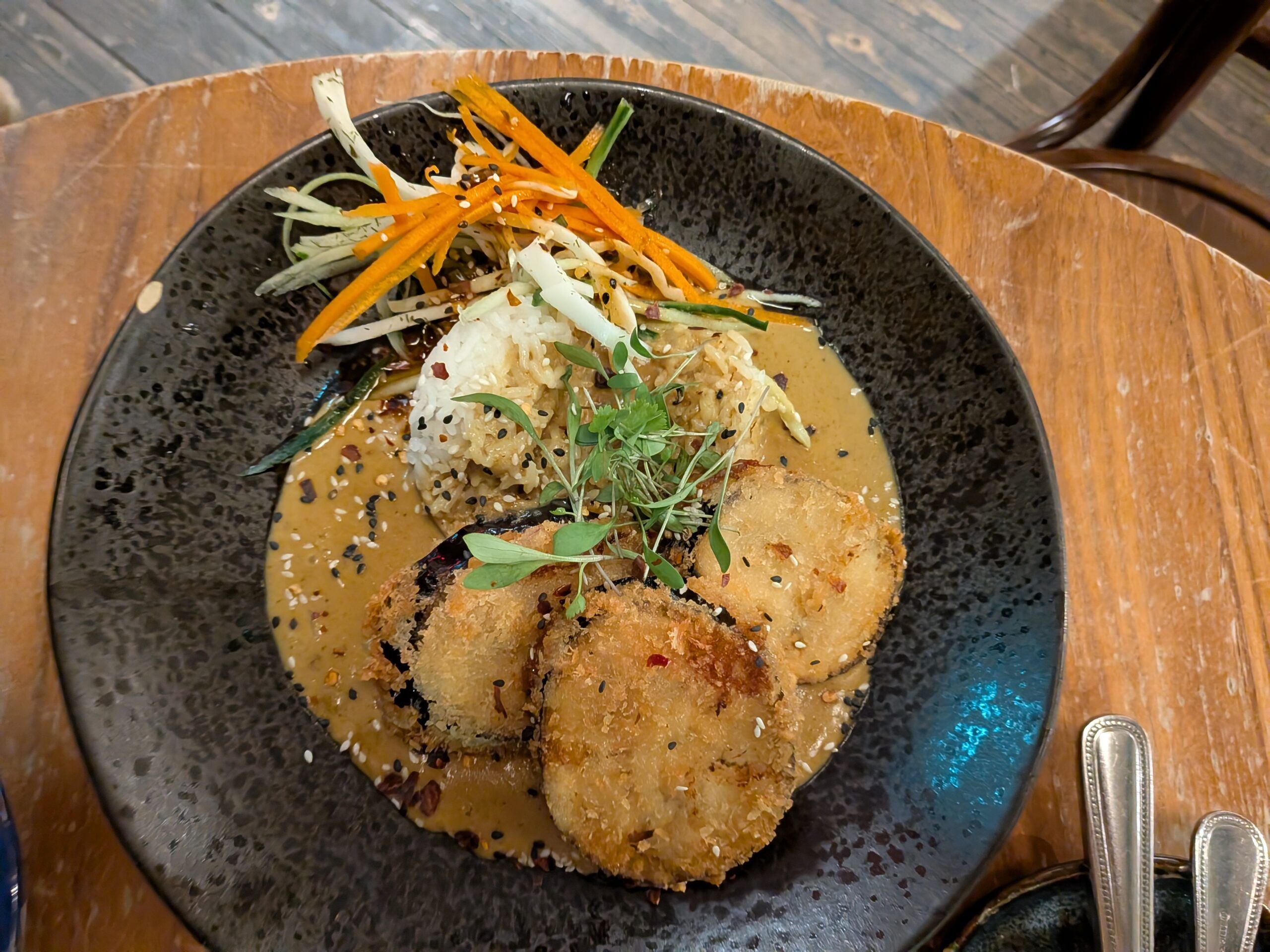 katsu curry with rice and aubergine