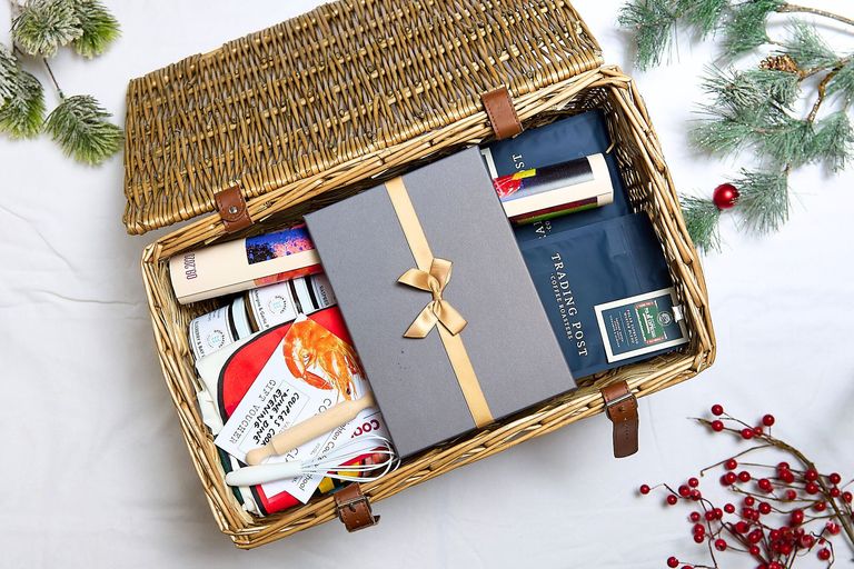 A wicker hamper with festive prizes