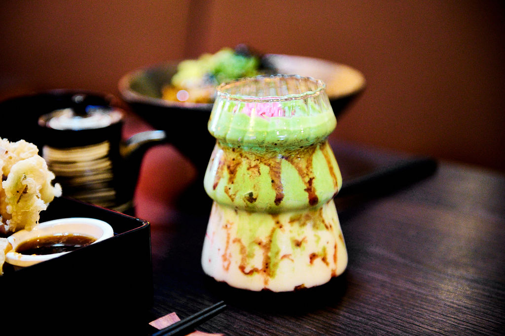 Matcha drink in a layered glass at Japanese restaurant Wabi Sabi in Hove