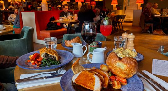 side shot of the table laid out with Sunday Roast