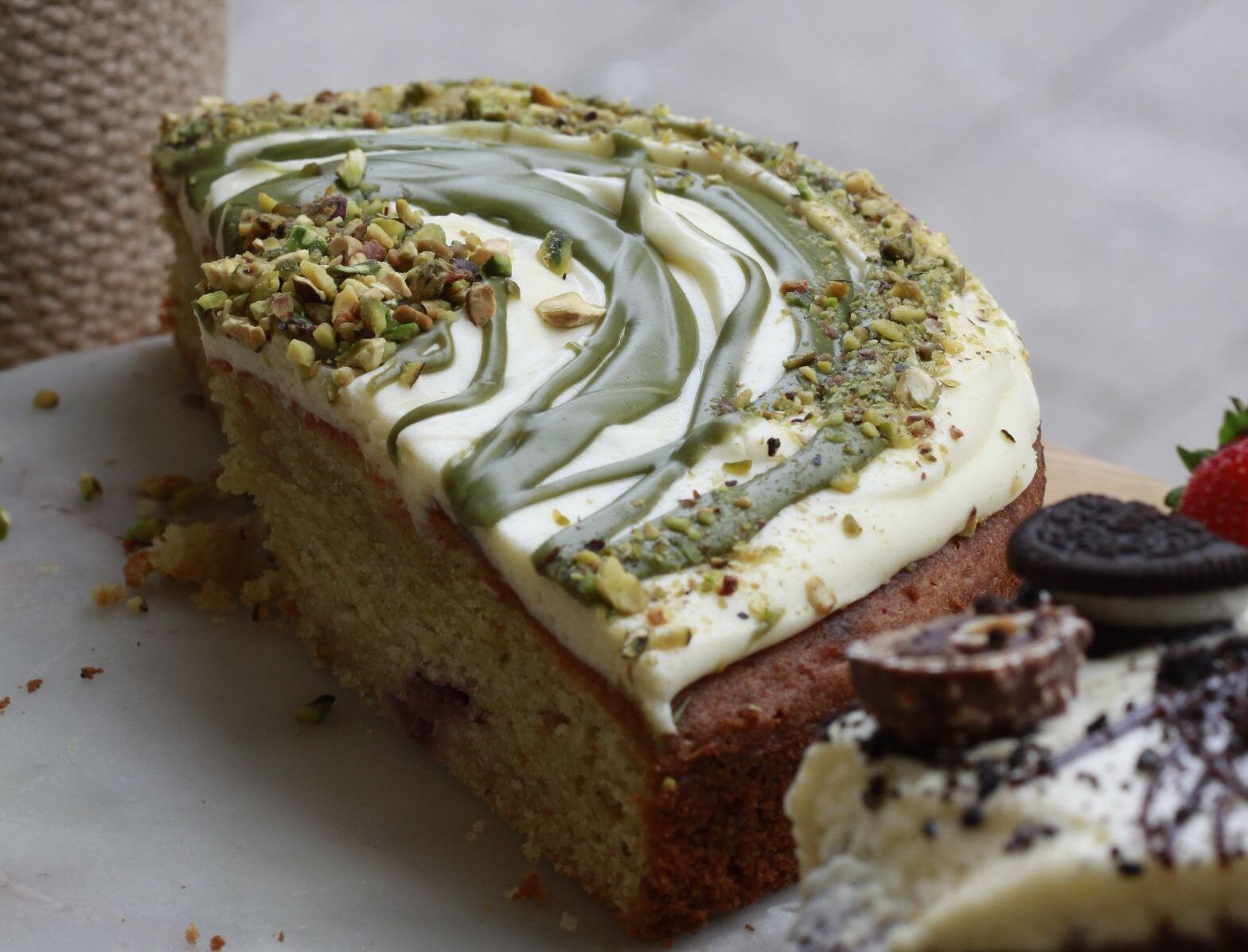 close up shot of pistachio cake at A table