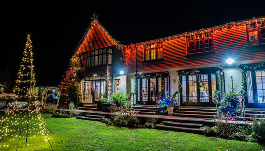Christmas Light Display at Tottington manor, restaurant Terra. The restaurant lit up with cosy Christmas Lights.