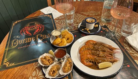 over head shot of the small plates of the gothic crab