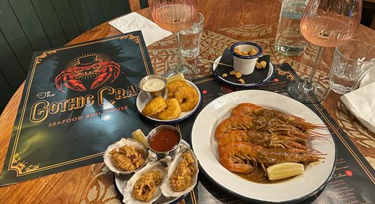 over head shot of the small plates of the gothic crab
