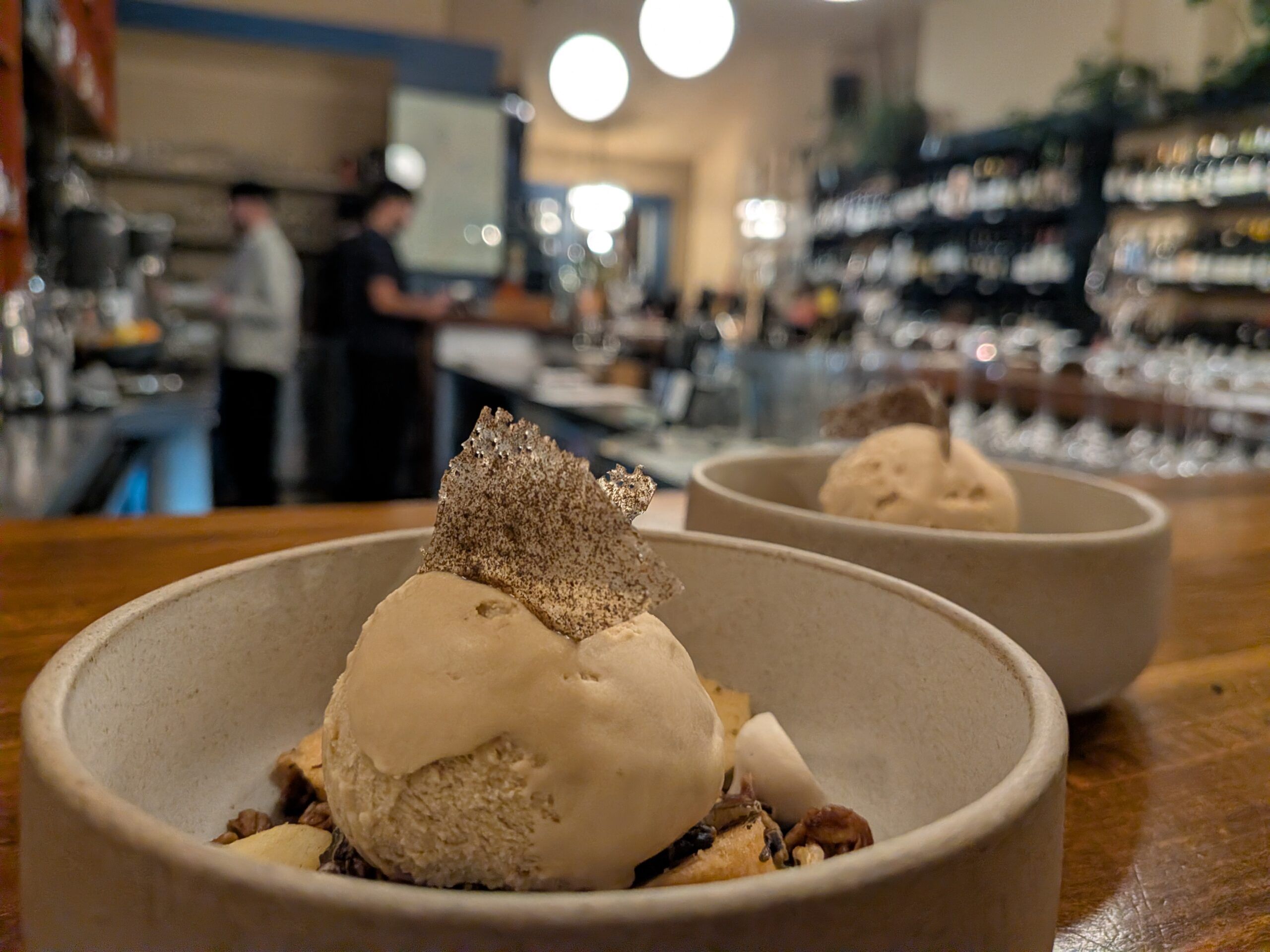 a malted ice cream with puffed rice, shortbread and peppered caramel.