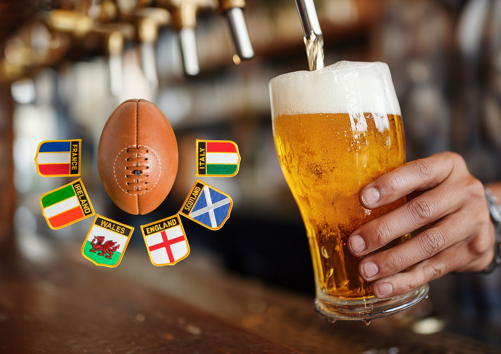 A picture of a pint of beer with a rugby ball and all the Six Rugby Nations flags featured. The Six Nations matches are live at a number of pubs across Brighton, Hove and Sussex