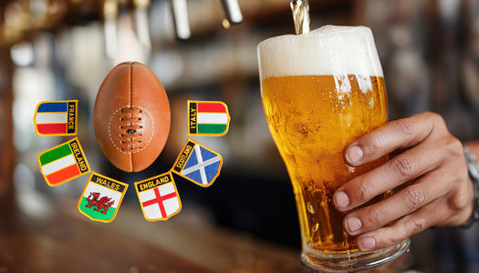 A picture of a pint of beer with a rugby ball and all the Six Rugby Nations flags featured. The Six Nations matches are live at a number of pubs across Brighton, Hove and Sussex