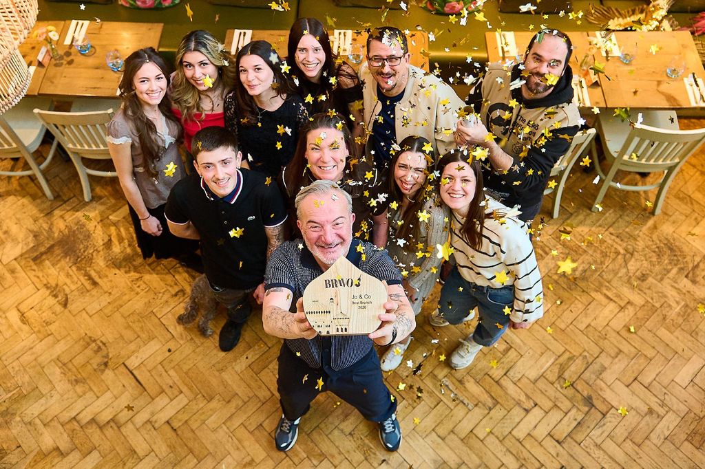 Brunch Brighton - BRAVO Winner 2026. Overhead shot of the Jo and Co team in Hove, who won best brunch in Brighton and Hove. Serving the best brunch in Brighton every day of the week.Voted for by Brighton locals.