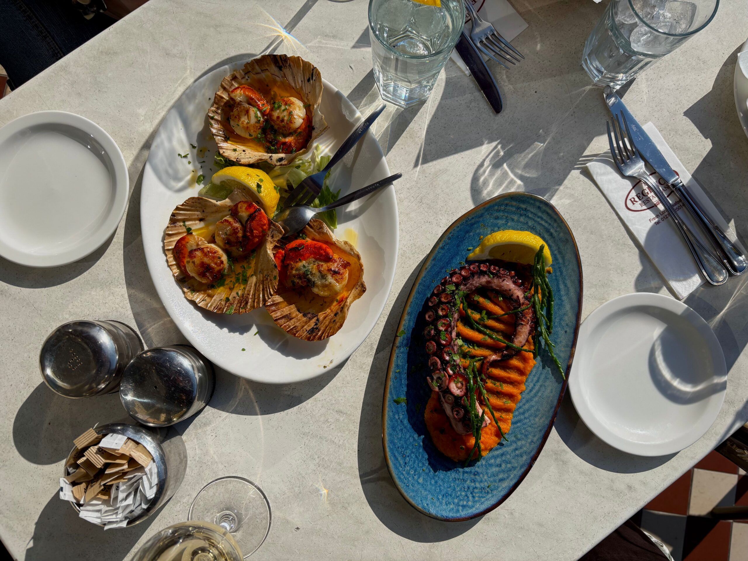 over head shot of the scallop and octopus dish