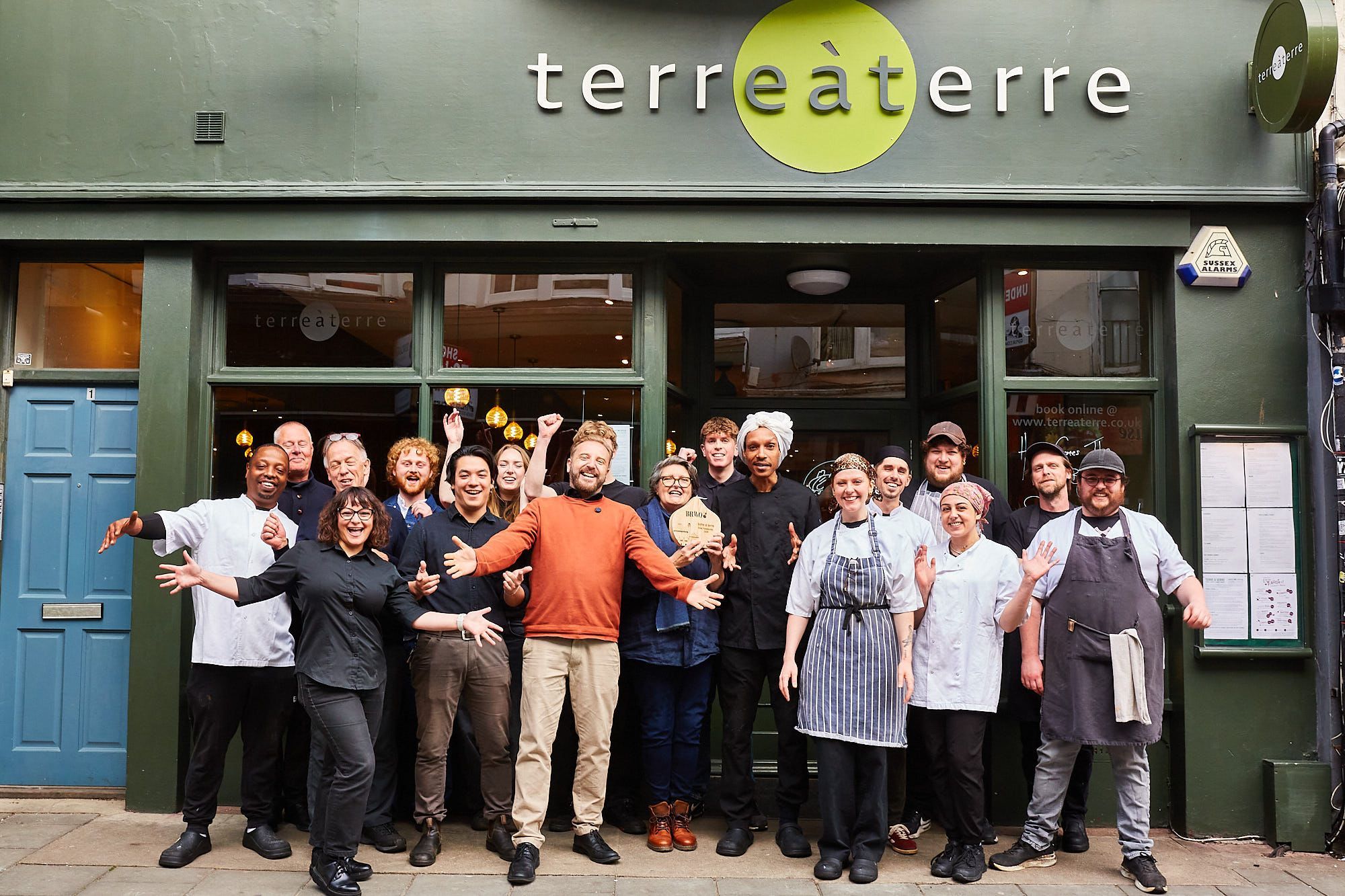 The Best Brighton Restaurant in 2026 - The BRAVO 2026 Award Winners. terre a terre in Brighton's Lanes wins the 2026 BRAVOs. Pictured, the team celebrating their win outside the restaurant. The No.1 Best Restaurant in Brighton - Locals favourite. Public vote.