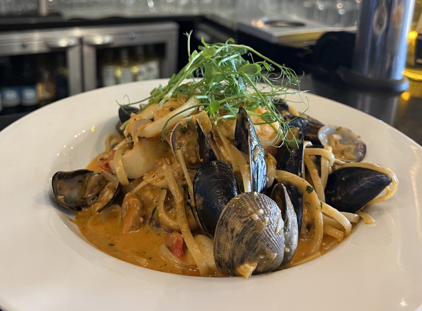 mussels and pasta, seafood dish at La Piazza in Hove