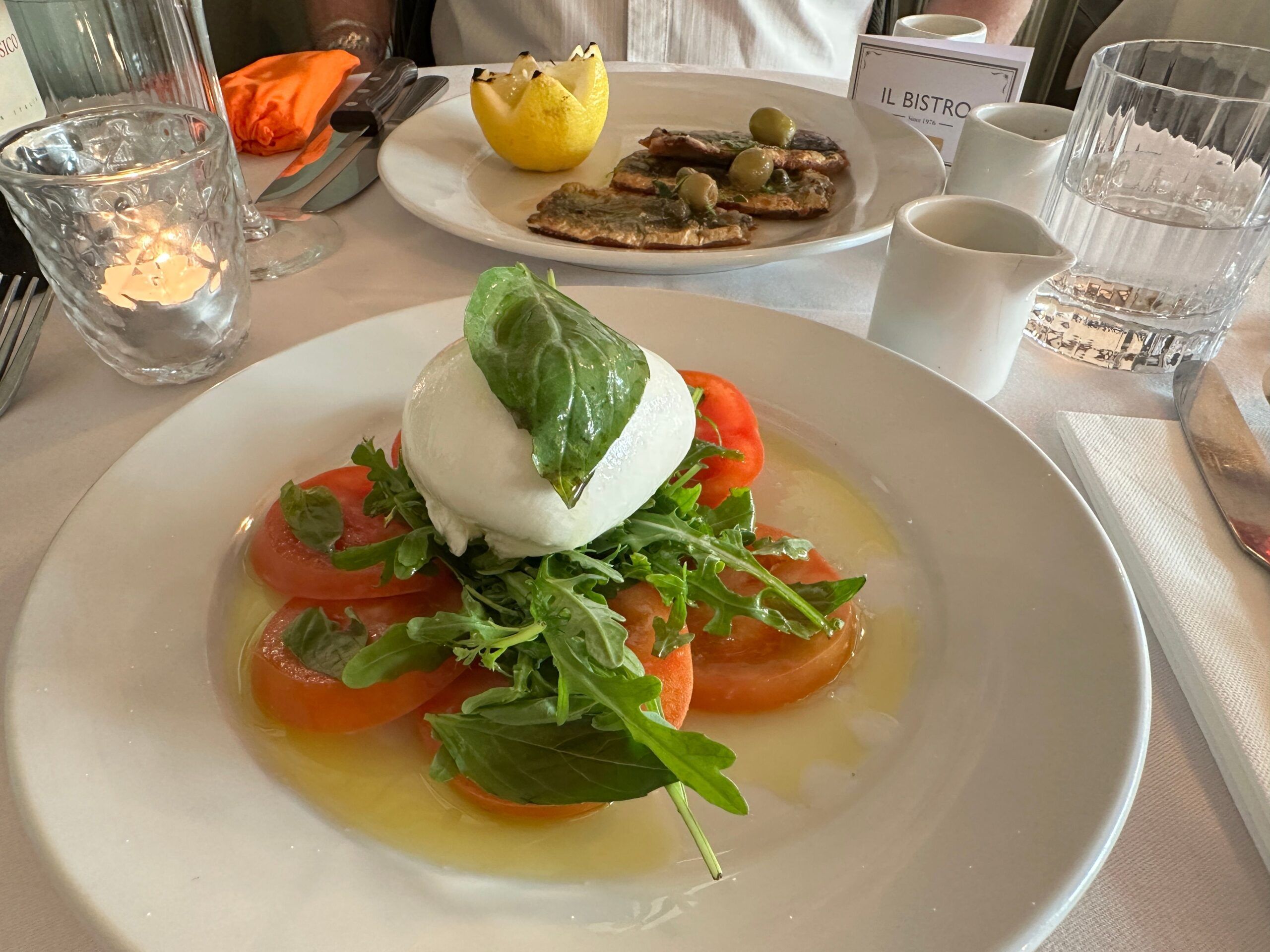 IlBistro starters - grilled sardines + mozzarela with tomato slices covered in olive oil