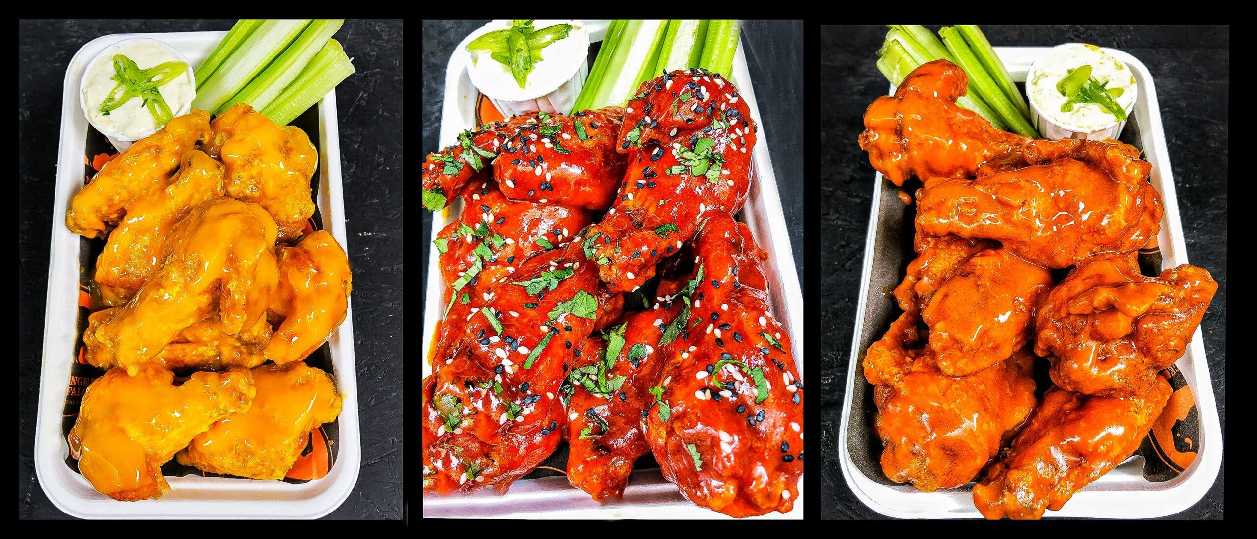 Chicken in Hove, The Greenhouse, Orange Buffalo Sauces. A selection of colourful sauces