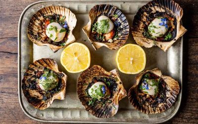 Scallops on a tray with fresh lemon and garnishes