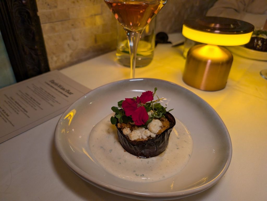 creamy aubergine complemented by salty feta, accompanied by lightly spiced cumin yoghurt