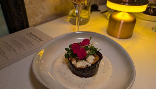 creamy aubergine complemented by salty feta, accompanied by lightly spiced cumin yoghurt