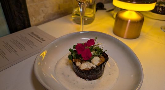 creamy aubergine complemented by salty feta, accompanied by lightly spiced cumin yoghurt