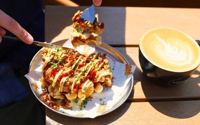 brunch at Shelter Hall, flat white and waffles with chicken