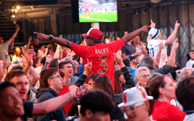 Fans watching England’ s World Cup match against Croasia in the Terrace at the American Express Stadium 17th June 2026