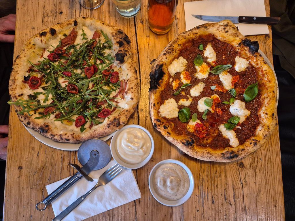 over head shot of two vegan pizzas at Purezza