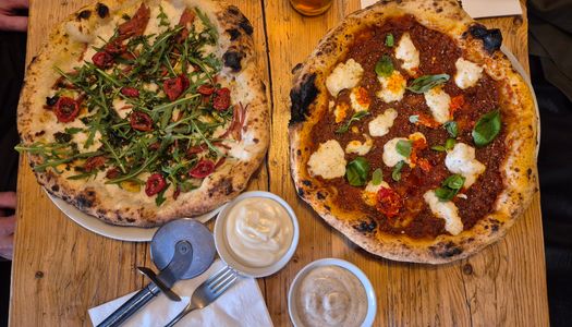 over head shot of two vegan pizzas at Purezza