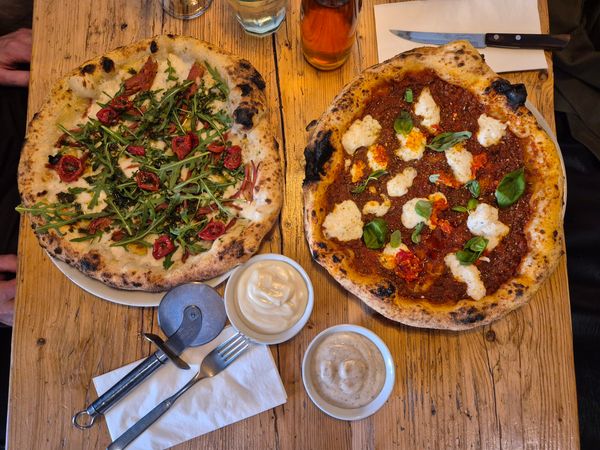 over head shot of two vegan pizzas at Purezza