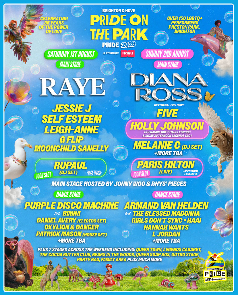 Brighton pride 2026 - the Headliners - RAYE and Diana Ross. These are the headliners, plus plenty of support acts. All hosted at the Brighton Pride stage which is on Preston Park.