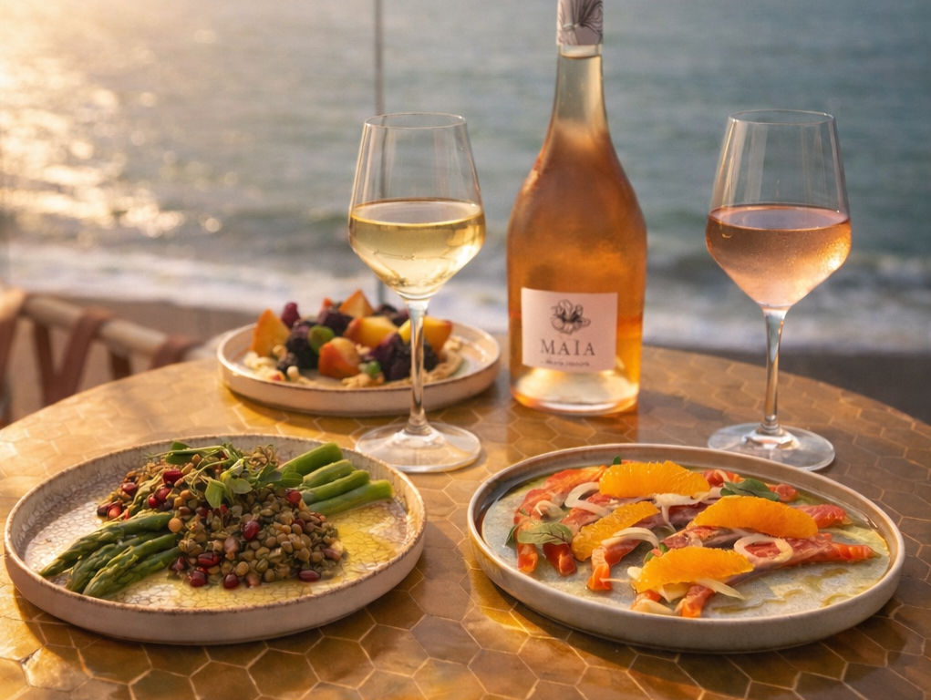 a table of food on a sunset lit terrace overlooking the seat. there are three small plates of food and two glasses of blush wine.