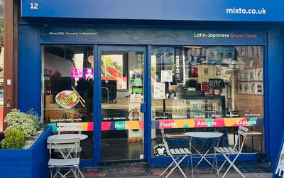 the blue facade of Mixto! By Tropical Sushi