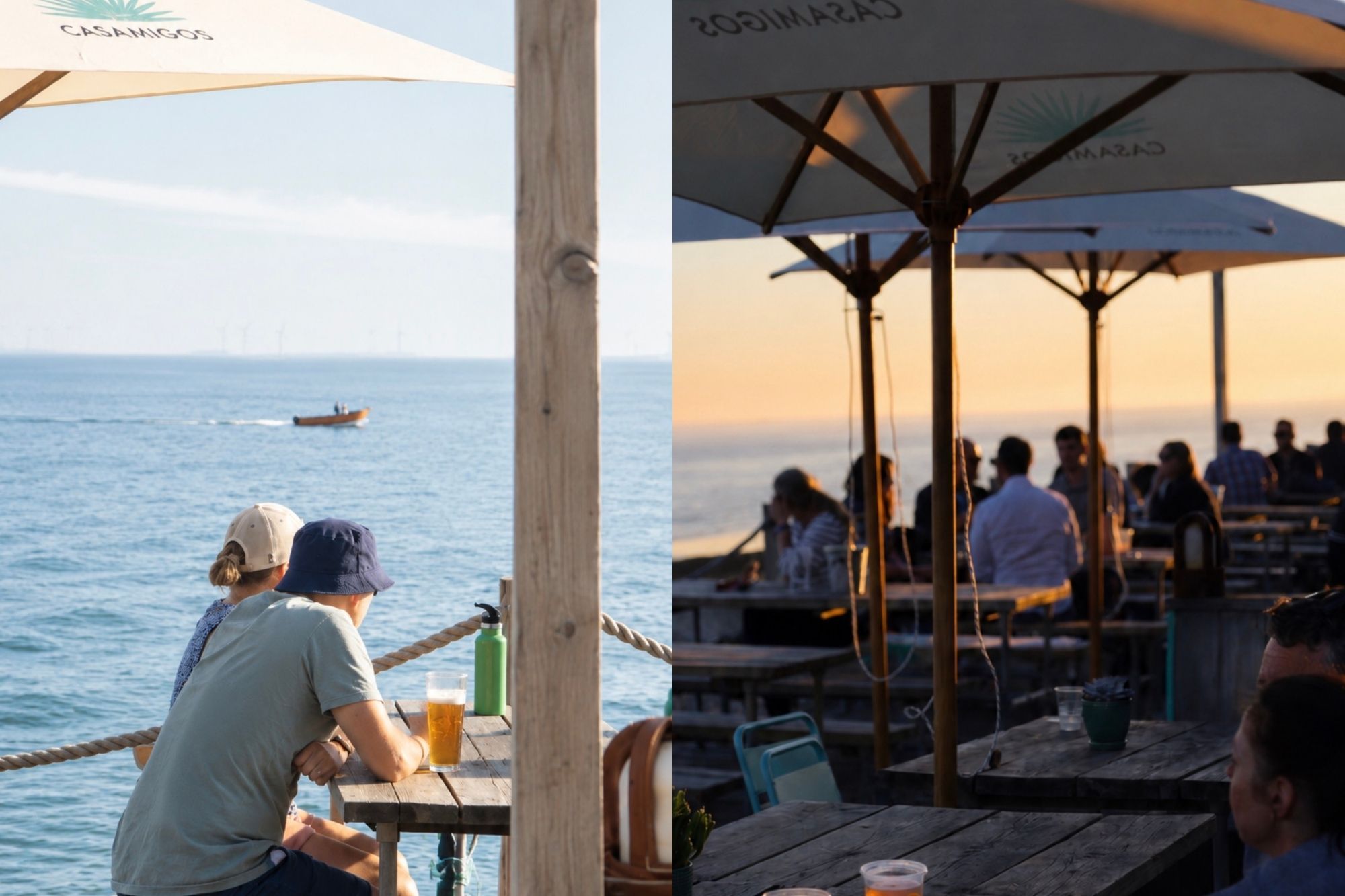 A split image. On one side we see a couple in summer clothes sitting looking out to sea with a pint of beer on the table. On the other we see the same terrace at sundown. People gathered