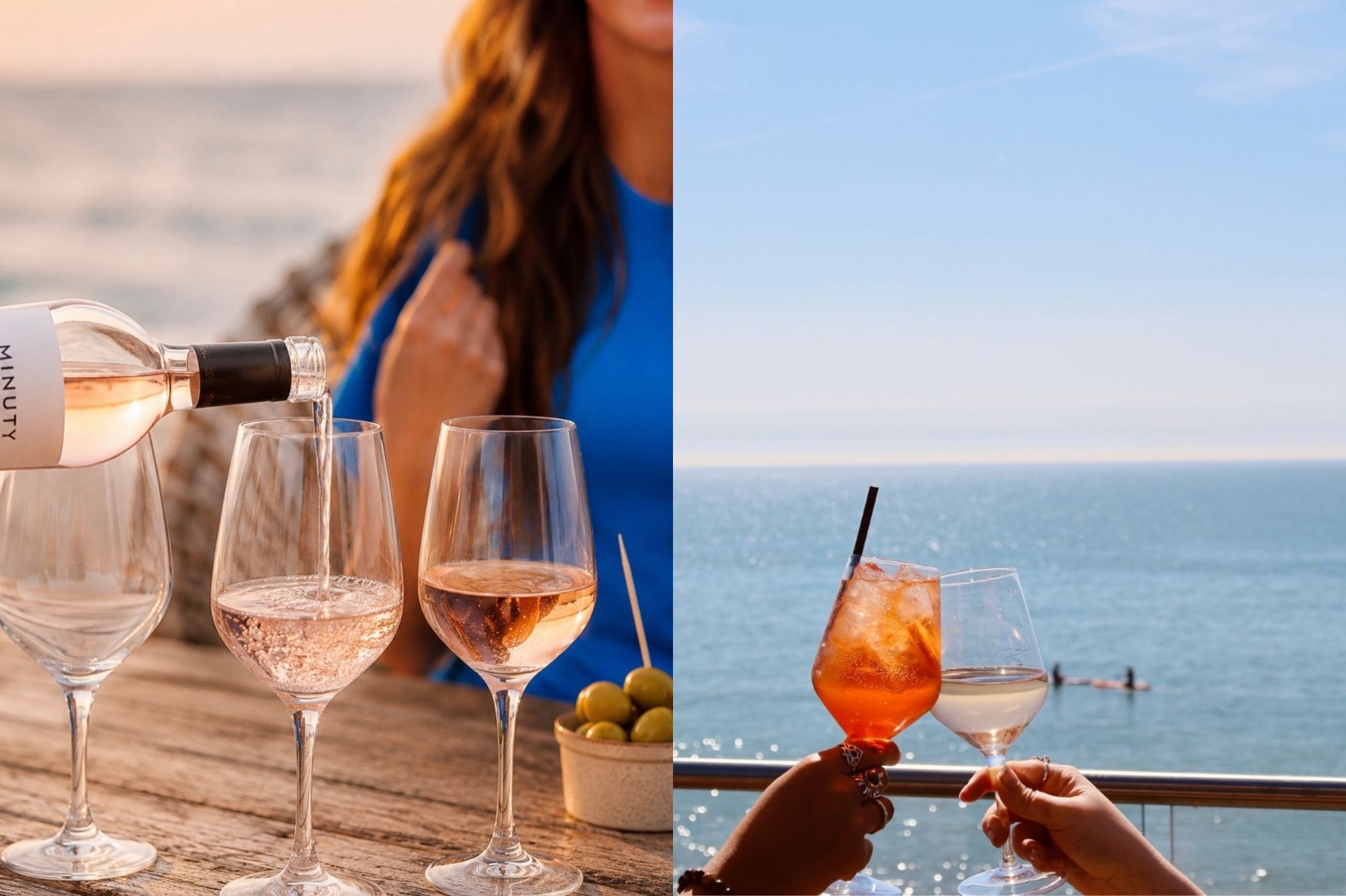 A dual image giving seaside vibes. Rose wine and drinks being poured against a sparkling sea. A sea image that looks inviting.