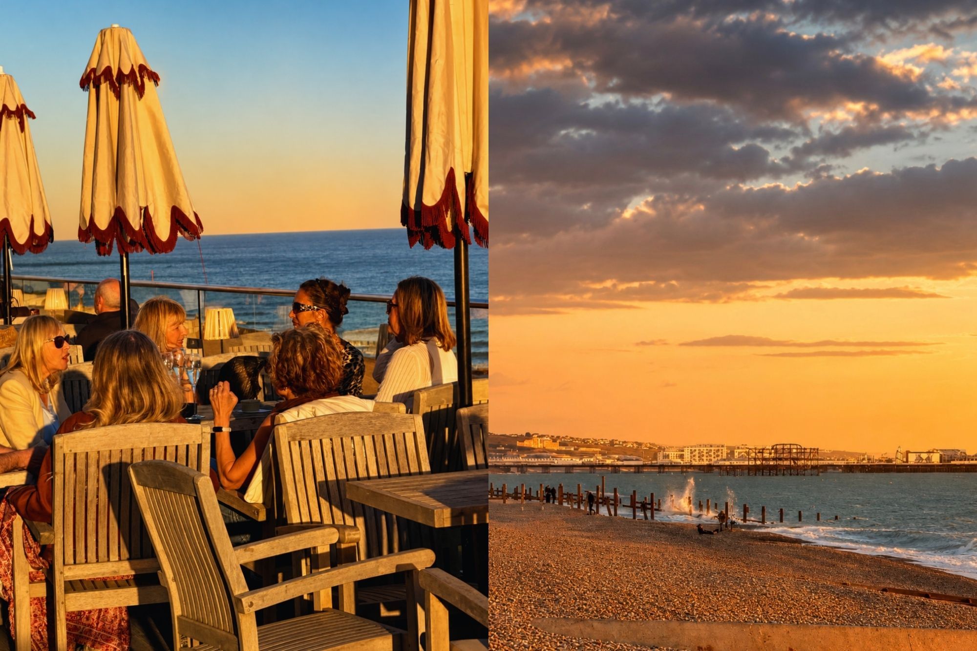 A split image. On one side we see a rooftop terrace with pretty parousels. People are drinking at tables in golden light. The other side we see a shot of the city of Brighton in the distance across the sea. It's a beautiful golden light.