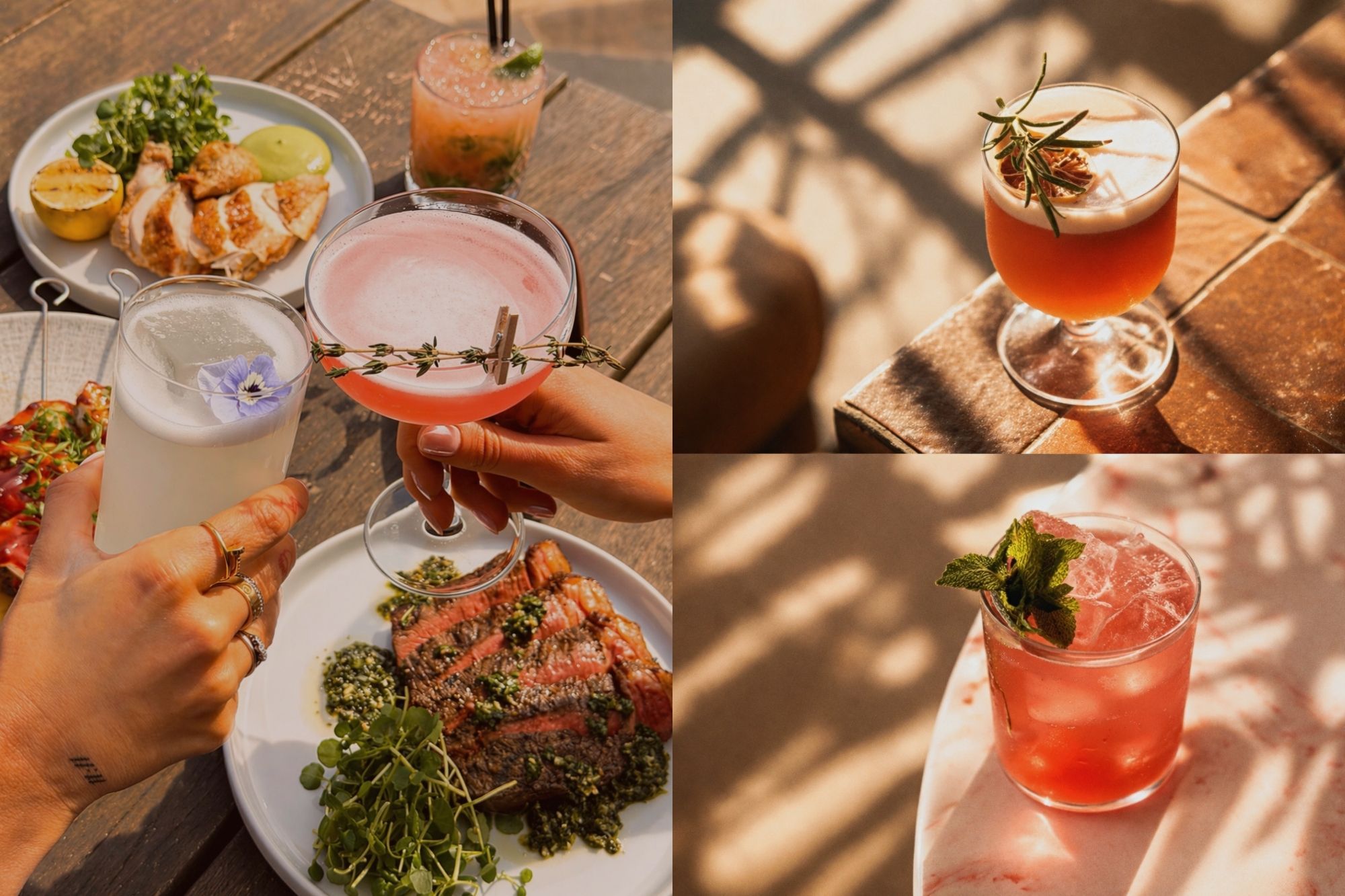 A split image that shows cocktail drinks. The left of the image shows some pretty cocktails being struck together over plates of food. On the top right is a cocktial in a glass with a sprig of rosemary as a garnish. The final image is an ice filled pink drink with a sprig of mint.