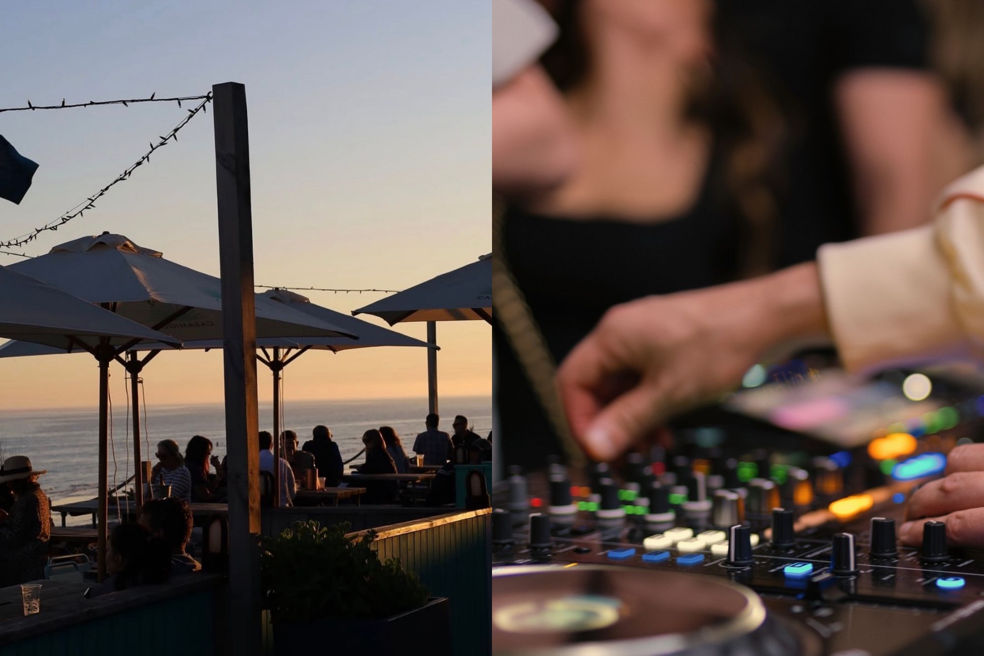 A split image with drinks on the beach at sunset on one side and a close up of DJ decks.